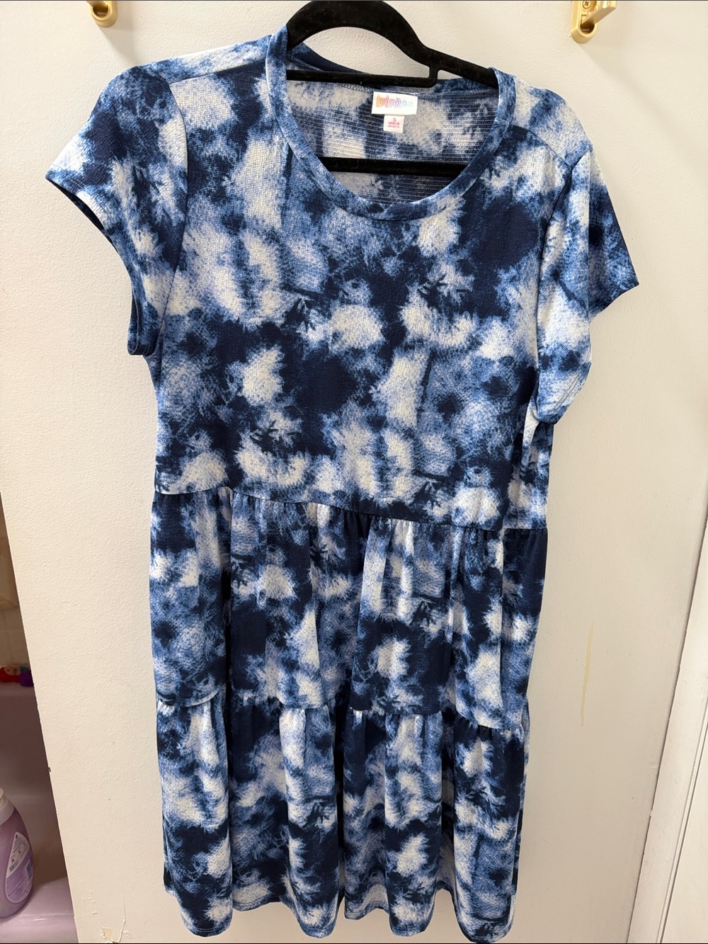 Navy & White Tie-Dye Tiered Short Sleeve Swing Dress